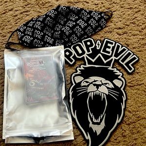 POP EVIL VIP memorabilia (Facemask, patch, cassette tape)